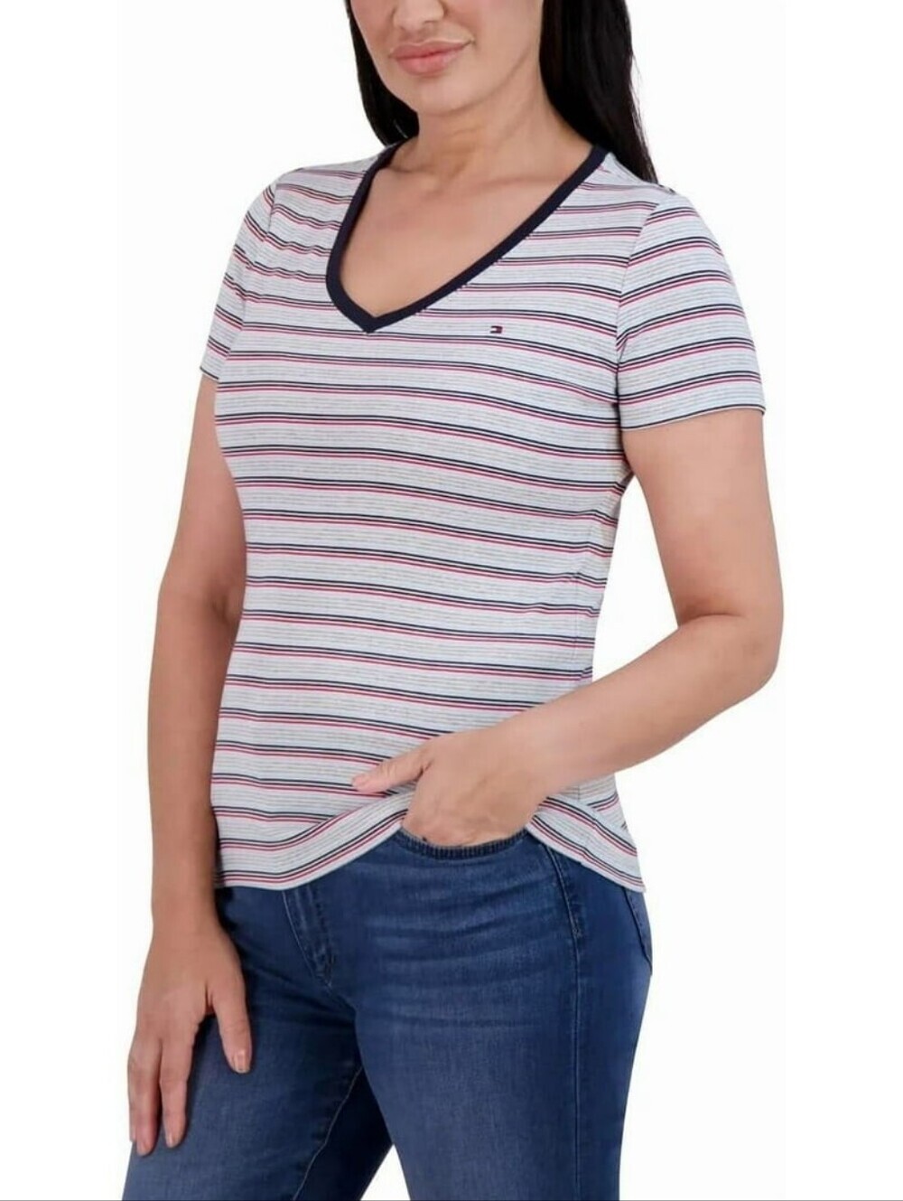 NWT Tommy Hilfiger Women's Striped V-Neck Tee T-Shirt Gray Blue Red White Medium - Picture 9 of 16